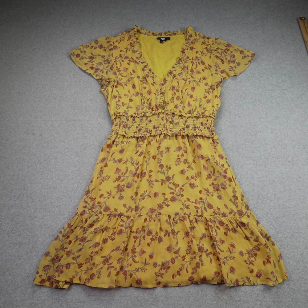 Paige Dress Womens XS Yellow Floral Smocked Waist Boho Flutter Sleeve Mini